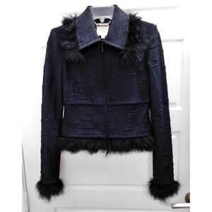 St John Couture Black Sparkle‎ Knit Fur Zip Jacket USA sz 2